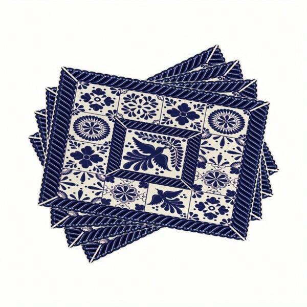 4/6 Pcs Set Modern Blue & White Porcelain Floral & Bird Print Placemats, Suitable For Home Farm Kitchen Dining Room Indoor Outdoor Party Decor, 12x18 Inches