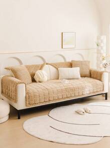 1 Pc Corduroy Plush Chair Cushion Seat Pad, Wooden Style, One-Piece Sofa Cushion, Anti-Skid, Pet Friendly