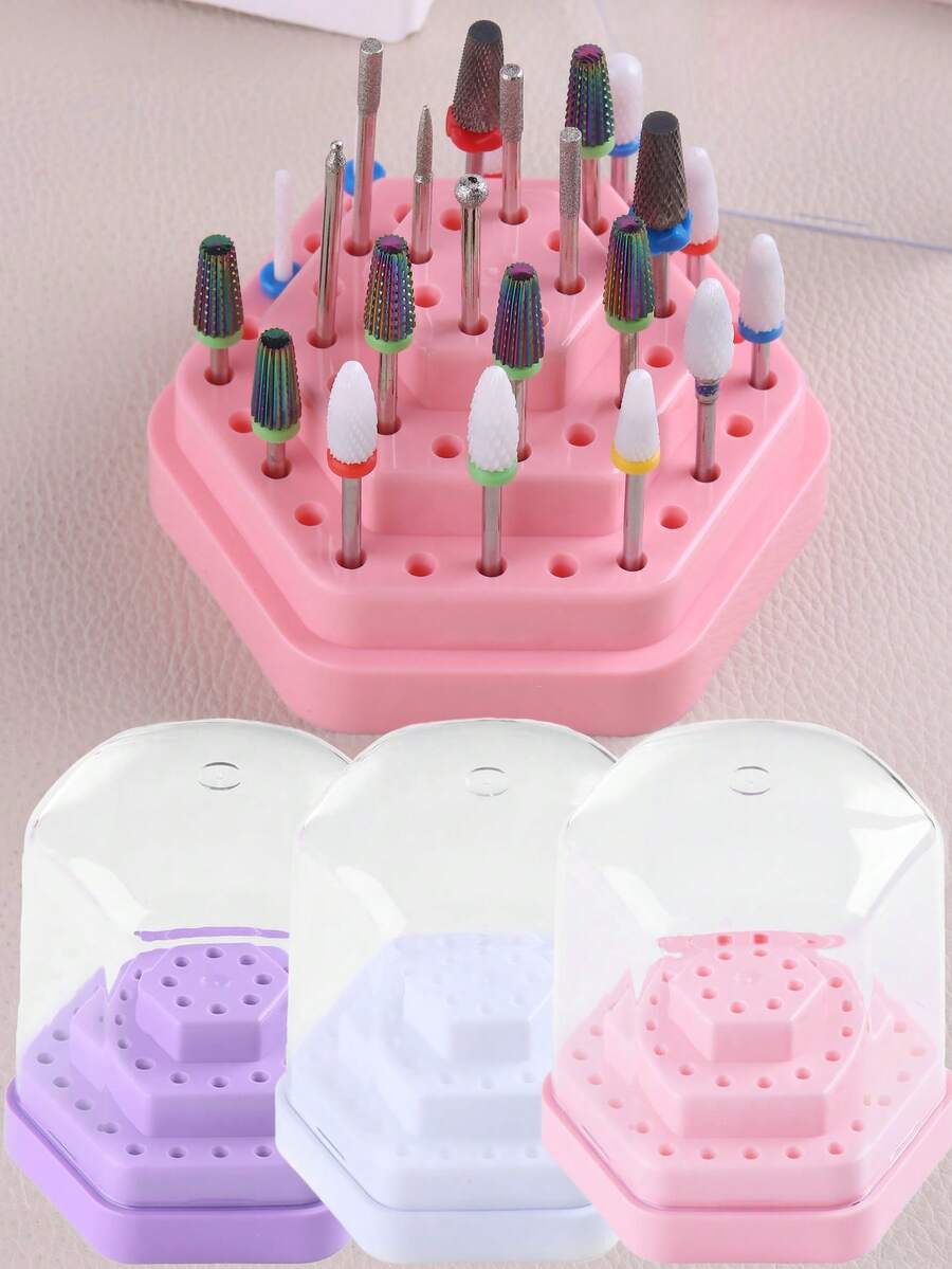Caja de almacenamiento de herramientas para uñas con 48 agujeros, organizador hexagonal a prueba de polvo para exhibir y clasificar brocas de pulidora para máquina de uñas y suministros de salón en el hogar
