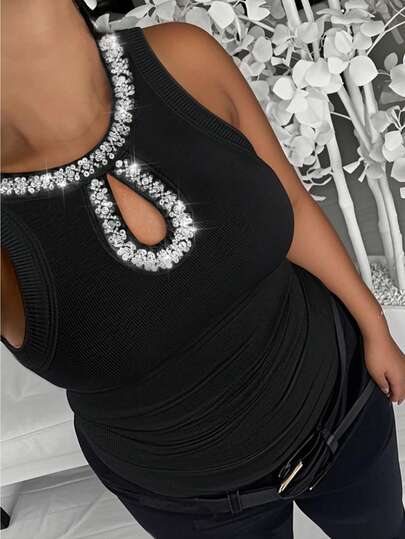 ChicMe Plus Size Women Rhinestone Hollow Out Round Neck Sleeveless Tank Top Ribbed Top Casual Comfy Basic Top For Daily Date Wear