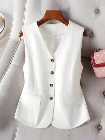 Women's Casual Lightweight Single-Breasted Sleeveless Blazer Jacket, Spring/Summer