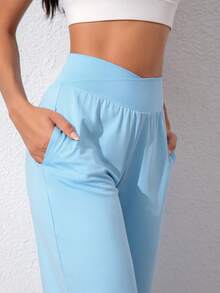 1pc Plain Color Outdoor Breathable High Elasticity 7/8 Sports Pants, Criss-Cross Waist Easy To Wear, Casual Running Tennis Shorts For Spring/Summer - 藍色 - 查看 2