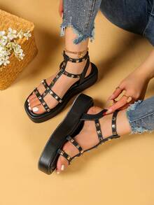 Bridal Platform Gladiator Sandals – Square Studded Multi-Strap Flats With Non-Slip Sole & Cushioned Comfort - Black - View 2