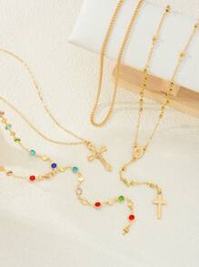 4pcs/Set Layered Summer Bohemian Cross & Virgin Mary Beaded Necklace, Suitable For Vacation, Prayer, Baptism Wearing
