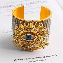 1 件夸张金属水钻邪眼袖口手镯，宽哥特式巴洛克风格眼形手镯，闪亮复古配饰