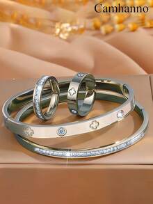 Camhanno 4pcs Elegant Multi-Color Stainless Steel Bracelet Ring Jewelry Set With Unique Design, Simple, Versatile For Both Menwomen, Gift Giving For Couples, Daily Street Travel, Parties, Holiday Wear - Multicolor - View 1