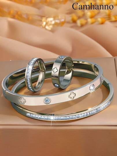 Camhanno 4 件套优雅多色不锈钢手链戒指首饰套装，设计独特，简约百搭，男女皆宜，可作为情侣礼物，日常街头旅行、派对、节日穿着