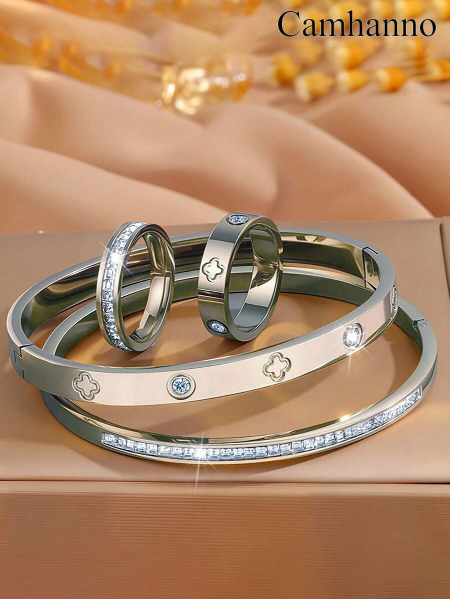 Camhanno 4pcs Elegant Multi-Color Stainless Steel Bracelet Ring Jewelry Set With Unique Design, Simple, Versatile For Both Menwomen, Gift Giving For Couples, Daily Street Travel, Parties, Holiday Wear - Multicolor - View 1