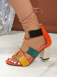 Sandales à talon épais pour femmes, sandales décontracté à bout ouvert et à lacets - Orange - Voir 5