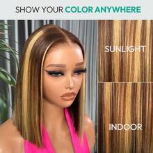 Highlight Lace Front Bob Wig Human Hair 14 Inch Ombre Honey Blonde 13x4 Hd Lace Front Wigs Human Hair Pre Plucked Middle Part 4/27 Colored Lace Frontal Wigs - S4/27 - 查看 2