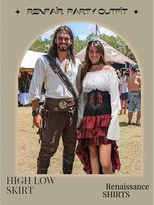 Costume Women Outfit With Renaissance Shirt Skirt Corset Waist Belt Womens Halloween Costumes (White+Red, S) - 白色+紅色 - 查看 8