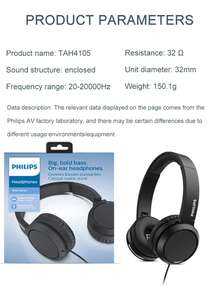PHILIPS 飞利浦有线 3.5 毫米耳机，带双高清麦克风，HiFi 立体声，可折叠轻便耳机，重低音，适合家庭、办公室、移动、电脑、游戏、运动、学生、成人和儿童 - TAH4105（颜色：粉色、蓝色、黑色、白色），非常适合在线课程、教育、学习