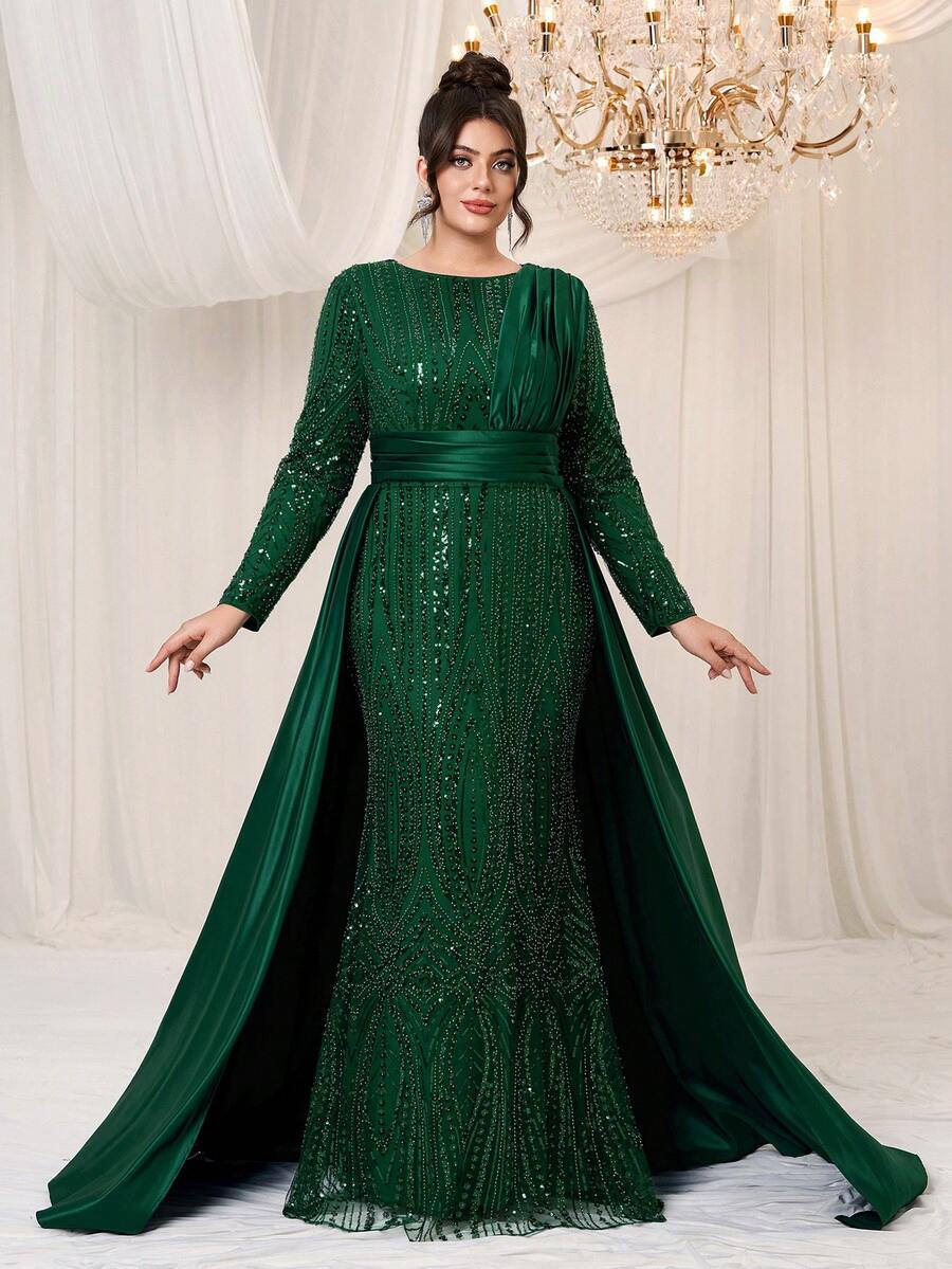 YISIKADO Plus Size Women Formal Party Evening Gown Luxurious Elegant Sequin Contrast Satin Modest Long Sleeve Dress Birthday Banquet Graduation Dinner Ball Ceremonial Dress - 墨綠色 - 查看 1
