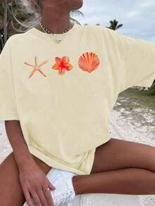 Summer Apricot Short Sleeve Top, Decorated With Shell And Starfish Patterns. Loose Style, Easy To Match, Perfect For Casual And Vacation Wear. - Apricot - View 10
