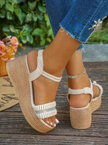1 par de sandalias de plataforma con cuña y tiras elásticas con aplicación de cristales para adolescentes/niñas, de moda y versátiles