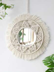 1 Stück BOHO-Stil handgemachter Quasten-Holz-Perlen-Rundspiegel mit Acrylglas, perfektes Geschenk und Dekoration für Thanksgiving, Halloween, Freunde und Familie, Wohnzimmer, Schlafzimmer, Wanddekoration