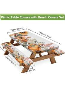 3 Piecesset Picnic Table Cover & Bench Covers - Pumpkin Sunflower Leaves Fall Maple Leaves Fitted Camping Tablecloth With Elastic Edges, Outdoor Waterproof Rectangle Table Cloth, 72x30Inch