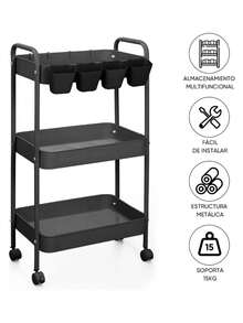 Carrito organizador de acero multifunción con ruedas fácil de mover almacenamiento cocina oficina baño resistente multiusos muebles organizador hogar práctico moderno - Negro - Ver 3