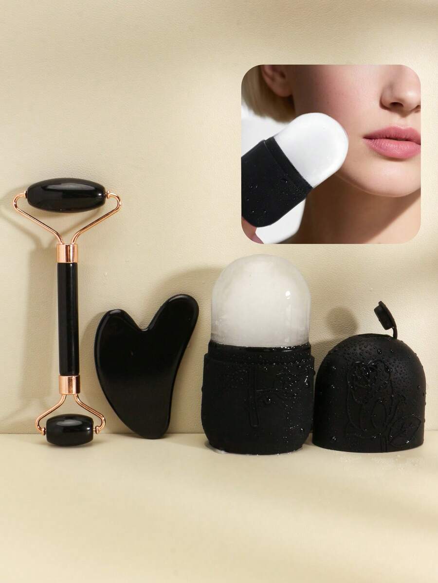 3 PiecesBlack Multi-Function Resin Face And Eye Massager Roller Ice Mask Kit, Double Head Gua Sha Massage Stick, Ice Compress Facial Roller Beauty Tool For Daily Skin Care, Suitable For Men And Women,Beauty,Skin Care Products,Spa,Self Care,Skin Care Tools,Face Care,Esthetician Supplies,Massage,Face Massage Tool,Face Roller - Black - View 1
