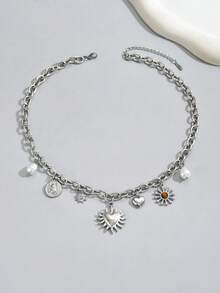 LIEBEIRIS 1pc 18k Gold Plated Geometric & Heart Pendant Stainless Steel Women Necklace, Suitable For Daily Outfit And Gift - Silver - View 4