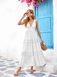 Vestido Largos Elegant Para Mujer,Vestido Tank Con Encaje Y Adornado Con Volantes,Vestido Unicolor Con Escote En V Profundo, Perfecto Para Vacaciones - Blanco - Ver 4