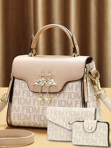 Fashion Letter Color Block Shoulder Bag & Handbag Set For Women - Coffee - View 10