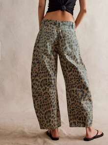 Women Spring Summer Casual Old Money Leopard Print Wide Leg Jeans Loose Pants - 棕色 - 查看 2