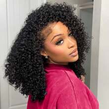 bling hair 14 16 18 20 Inch Kinky Curly Half Wig Human Hair 200% Density Deep Wave Glueless Wigs Human Hair Curly 3 In 1 Half Wigs For Women Drawstring Seamless Flip Headband Wig Beginner Friendly - Natural Black - View 4