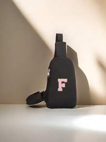 1 Mini-Brusttasche mit modischem DIY 26-Buchstaben-Stoffaufkleber, Reißverschluss-Verschluss, verstellbarer Schultergurt, Schule, Shopping und Freizeitkleidung, zum Aufbewahren von Telefon und Münzen, als Geburtstagsgeschenk für Freunde und Familie, Urlaubsgeschenke, Reißverschlussrichtung zufällig