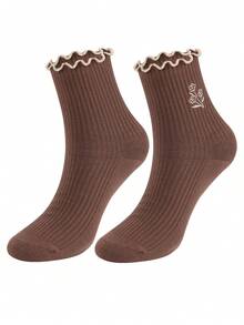 Women Cotton Super Thin Frilly Ruffle Socks Boat Socks Ankle Short Socks - 咖啡棕 - 查看 3