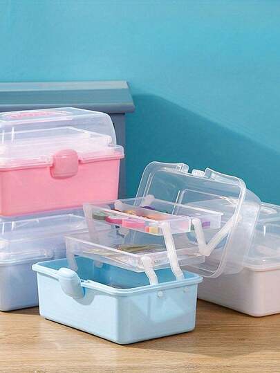 1PC Three Layer Portable Storage Box, Multiple Colors To Choose From, Multifunctional Foldable Cosmetic Storage Box, Nail Art Box, Miscellaneous Plastic Storage Box Bathroom Accessories