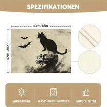 Juego de 1/2/4/6 individuales, estilo de gato negro de Halloween, con patrón de murciélago, tamaño 30x45 centímetros. Los individuales de poliéster de Halloween son adecuados para cocinas/manteles resistentes al calor del hogar, fáciles de limpiar y son accesorios ideales para mesas de cocina del hogar. Son adecuados para reuniones familiares y ocasiones interiores y son la mejor opción para la decoración de Halloween.