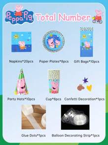 Hasbro Ensemble de 156 pièces de vaisselle et ballons Peppa Pig sous licence officielle. Comprend des assiettes, des tasses, des serviettes, des ballons, des sacs-cadeaux, des chapeaux de fête, des bannières, une nappe, des confettis et des autocollants. Décorations d'anniversaire thème rose