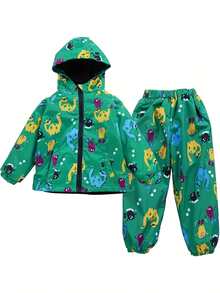 两件套男童恐龙印花连帽外套套装，休闲拉链连帽衫和裤子套装，户外男童服装，适合户外活动穿着