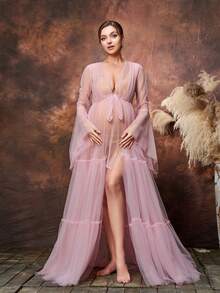 Faeriesty Váy bầu thanh lịch Dressalisa cổ chữ V sâu, tay dài, vải tuyn mỏng manh, thắt nơ eo và chân váy tuyn xẻ cao - Thiết kế nhẹ nhàng, thoáng mát cho tiệc mừng em bé, tiệc cưới và tiệc tối trang trọng - Hồng - Xem 5