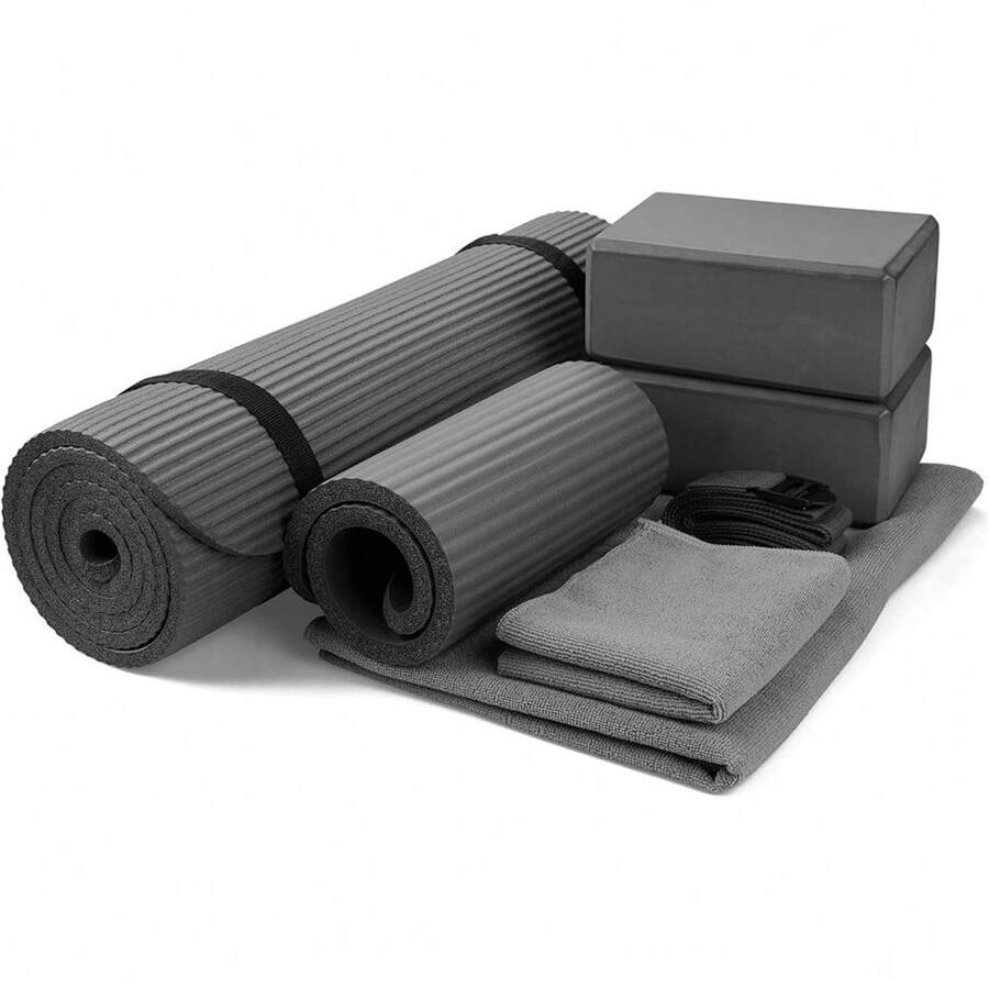 Local Delivery 7-Piece Yoga Equipment Set With Multiple Colors - Yoga Mat With Carrying Strap, 2 Yoga Blocks, Yoga Mat Towel, Yoga Hand Towel, Yoga Strap And Yoga Knee Pad - 灰色的 - 查看 1