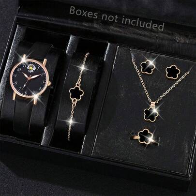 6 件/套女孩黑色 PU 皮革表带休闲手表，可爱女孩风格，带数字圆形表盘、项链、手链、耳环和戒指套装，适合日常佩戴和情人节送给朋友或女朋友的礼物
