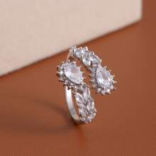 1pc Double-Row Waterdrop Copper Plated White Gold Micro Pave Zirconia Stone Fashion Open Finger Ring, Suitable For Outing, Leisures And Daily Wear