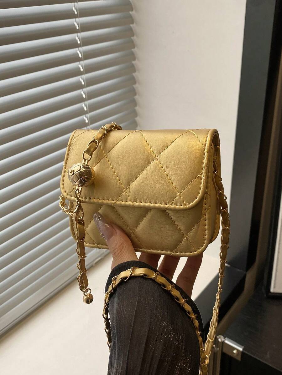 简约百搭，高品质水钻刺绣珍珠链条迷你斜挎包，适合春夏穿着 - 金色 - 查看 1