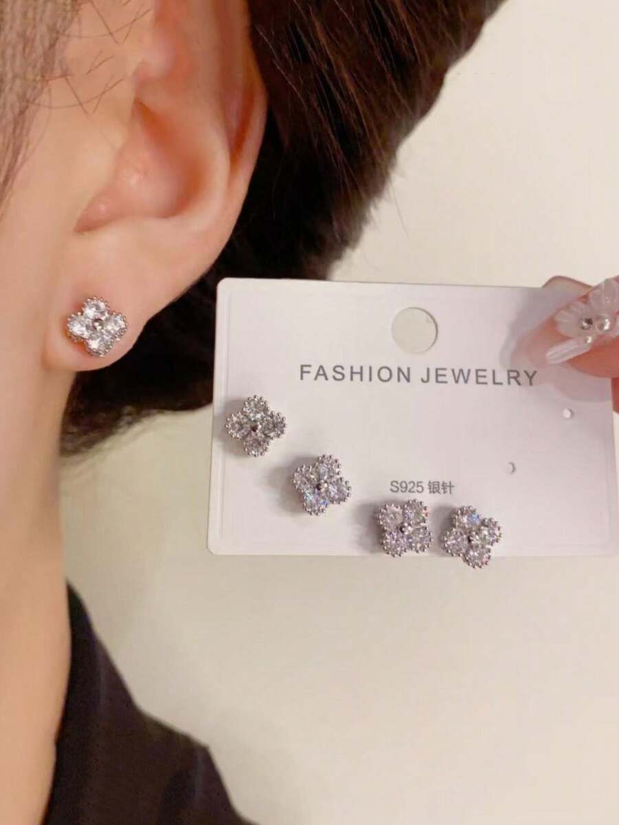 3 Pairs Luxury 925 Sterling Silver Four-Leaf Clover Stud Earrings, Micro-Inlaid CZ, Suitable For Women's Daily Wear And Gifts