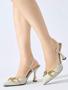 女士复古花卉图案链条装饰尖头闭趾后跟带粗跟高跟鞋，优雅舒适，适合日常户外、通勤、派对、节日穿着，春夏秋冬米色鞋跟，优雅 - 米色 - 查看 5