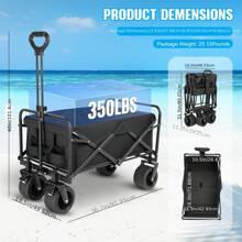 Big Wheels Collapsible Wagon Cart Foldable, Heavy Duty 350 LBS Beach Wagon With Silent All-Terrain Wheels, Folding Utility Grocery Cart With Side Pocket And Brakes For Camping Garden Sports, Black