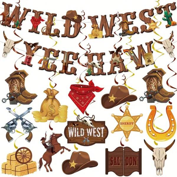 12/16 Stück Westernkowboy-Themen Banner, hängende Verschnörkelungen und Wildwest-Banner für Geburtstag, Babyparty, Hochzeit oder allgemeine Partys - aus Papier, vielseitig einsetzbar und ohne Strom