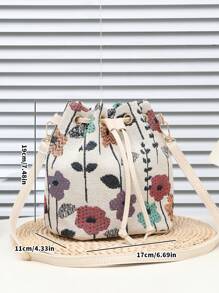 1 件米色撞色拼接抽绳提花提花水桶包，轻巧紧凑时尚百搭斜挎包，适合户外、度假、休闲优雅女士手提包