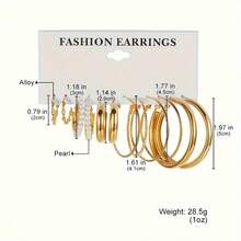 36/12 Piezas Conjunto de Aretes de Aro Elegantes y Minimalistas, Incrustados con Brillantes Rhinestones y Perlas de Imitación, con Diversos Diseños Retorcidos, Adecuados para Uso Diario, Fiestas y Ropa Casual - Dorado - Ver 6