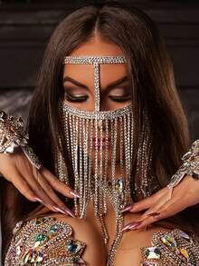 1 mặt nạ tua rua trang trí kim cương pha lê nhiều lớp, phụ kiện trang phục dạ hội sang trọng dành cho nữ, Halloween - Bạc - Xem 1