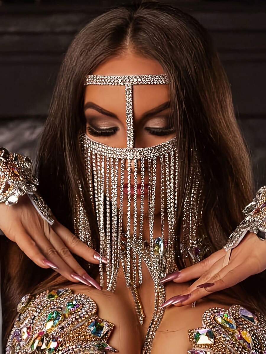 1 mặt nạ tua rua trang trí kim cương pha lê nhiều lớp, phụ kiện trang phục dạ hội sang trọng dành cho nữ, Halloween - Bạc - Xem 1