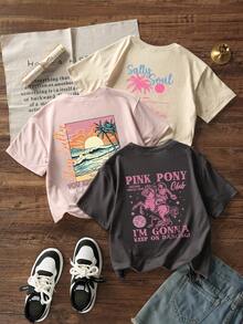 3 件女童印花圆领短袖 T 恤，适合青少年和学生的休闲夏季上衣 - 彩色 - 查看 2