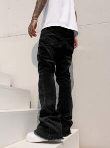 leev Stretchy Skinny Jeans, Casual Street Fashion Denim Pants With Slanted Pockets, Cotton Flared Leg Trousers With Stylish Pattern - Black - View 4