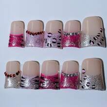 Duck Nails Y2K Short Press-On Acrylic Nails, 10 Pcs Handmade 2025 Summer Pink-Silver Glitter Nails Embellished With Tiger-Stripe Patterns & Rhinestones For Party, Wedding, Holiday & Daily Wear-Reusable Gel Acrylic, Easy Application With Jelly Glue Set Included - Màu Hồng Tươi - Xem 6